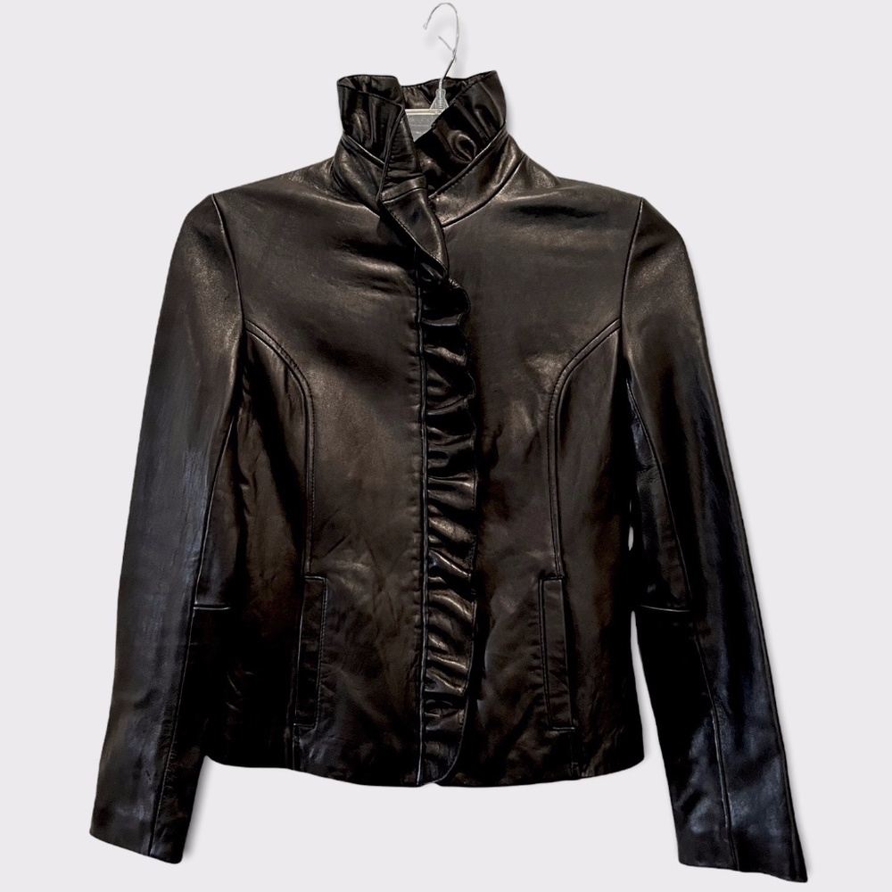 DKNY Leather Rufflle Moto High Collar Black Jacket Sz XS